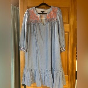 J. Crew Striped Blue and Salmon Leda Popover Embroidered Dress